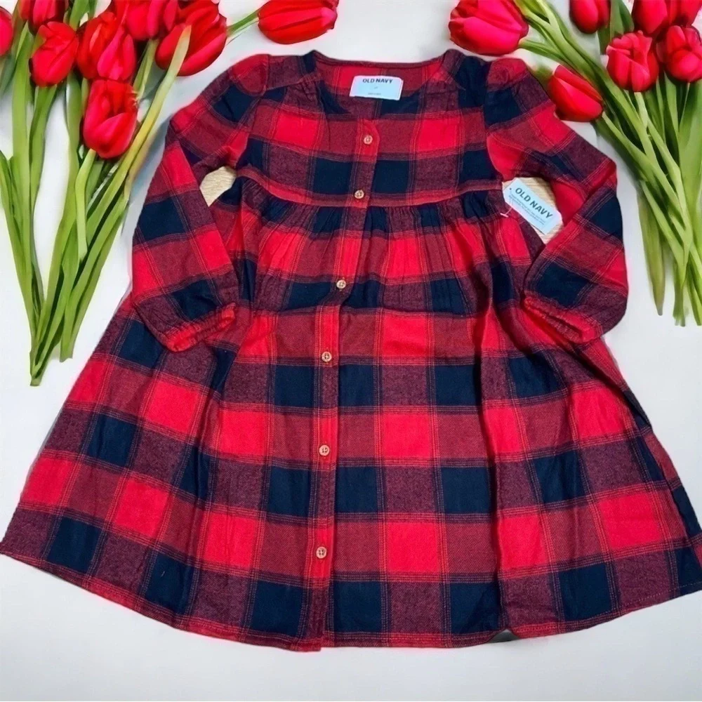 Old Navy Buffalo Plaid Long Sleeve Dress Red Black NWT 5T Christmas Winter
